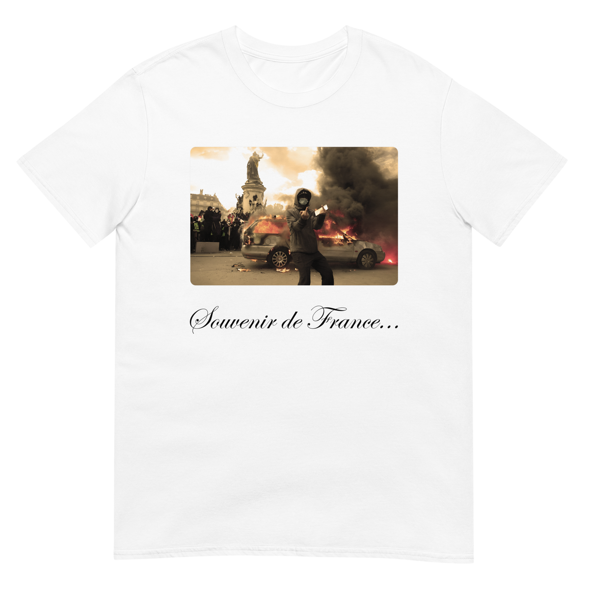 white Souvenir de France t-shirt front, dark humor graphic tee