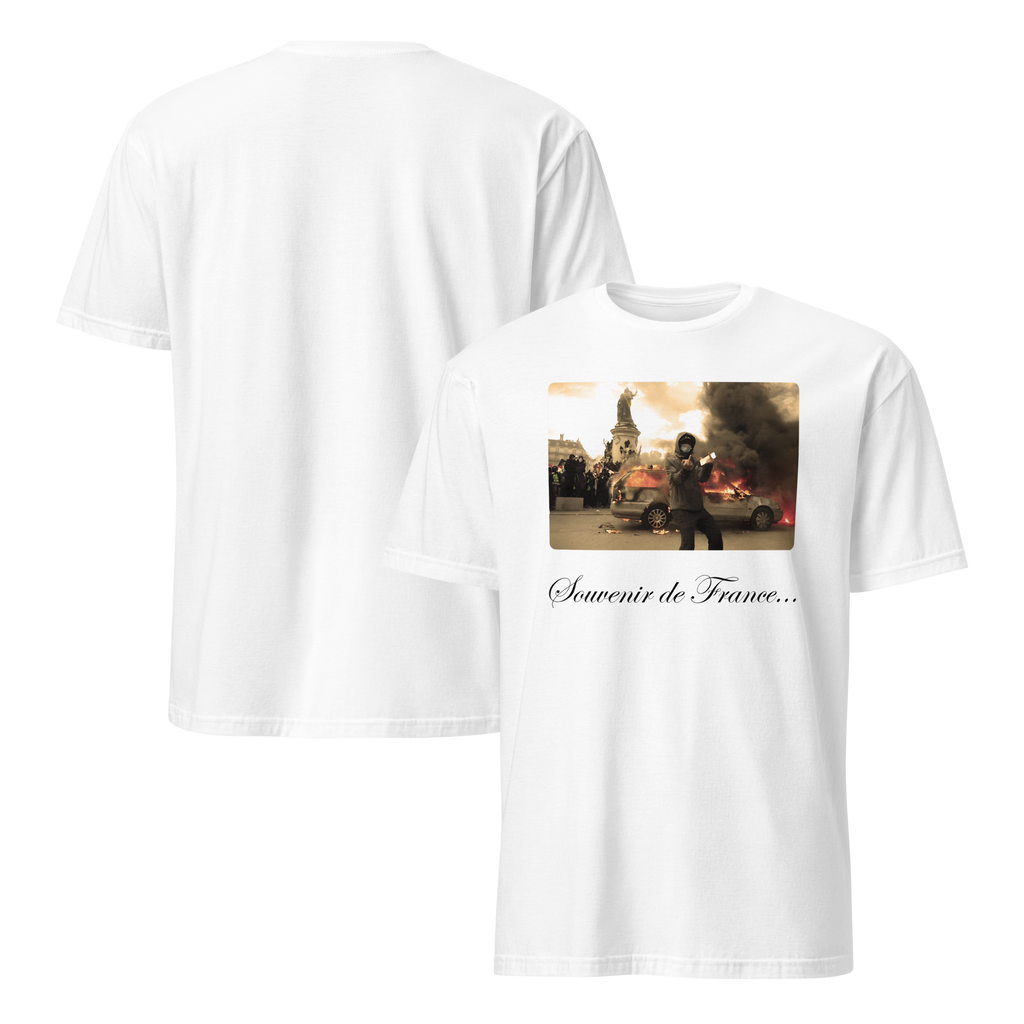 white Souvenir de France t-shirt front and back, dark humor graphic tee