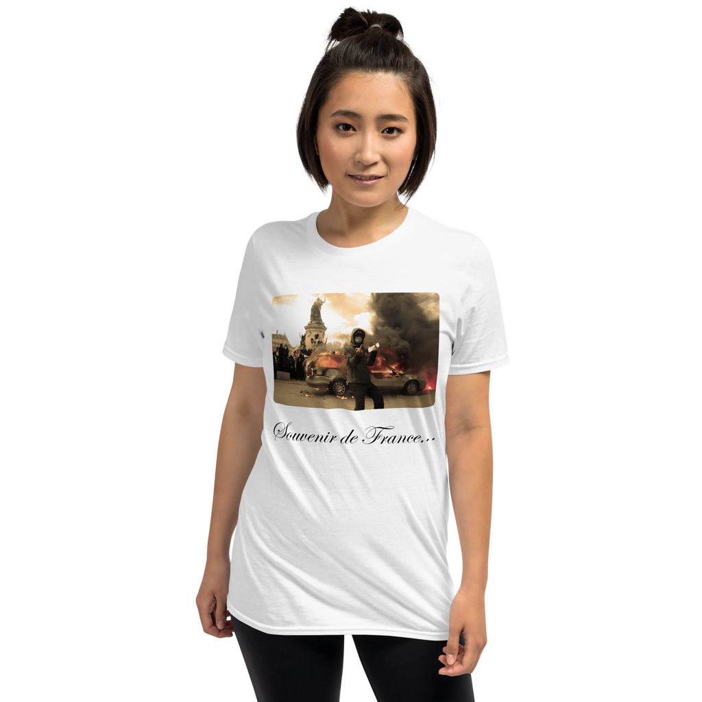 white Souvenir de France shirt, bold Paris France graphic tee