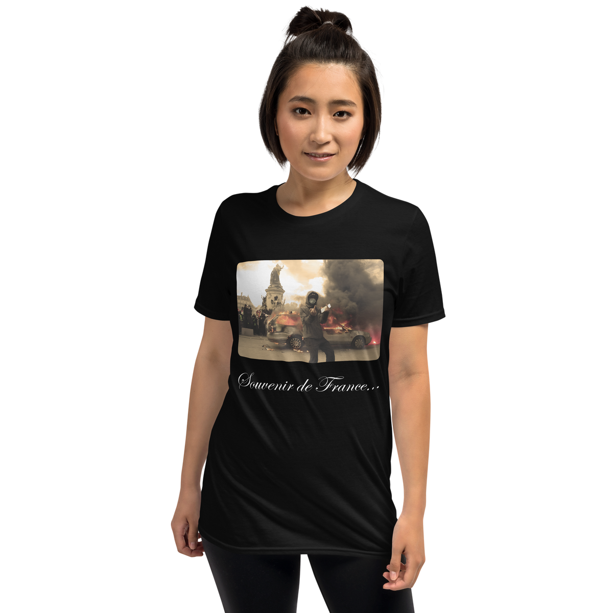 black Souvenir de France shirt, bold Paris France graphic tee