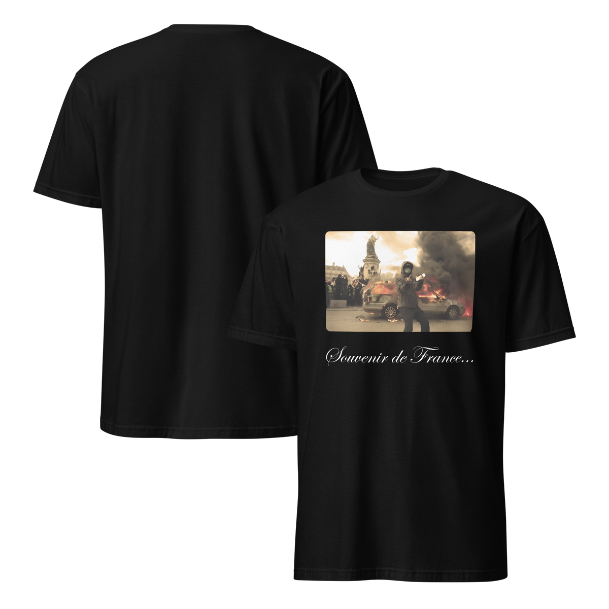 black Souvenir de France t-shirt front and back, dark humor graphic tee